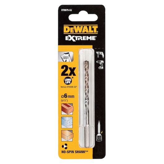 DEWALT Extreme DT6675 6mm drill bit in packaging, suitable for masonry, stone, and wood, with no-spin shank.