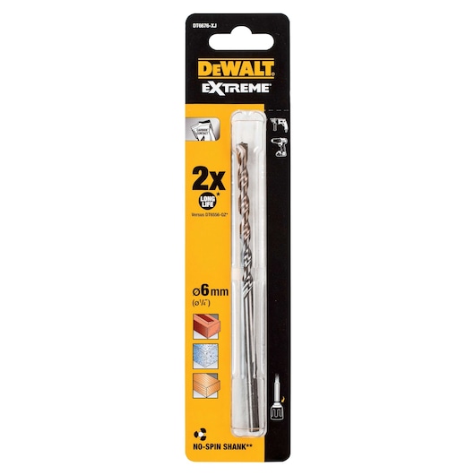 DEWALT Extreme drill bit pack, 6mm, DT6676 and DT6676-XJ SKUs, for masonry, brick, and tile.