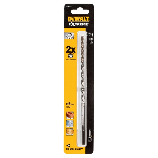 DEWALT Extreme DT6677 drill bit, 6mm, packaged, suitable for wood, masonry, metal. Long life, no-spin shank.