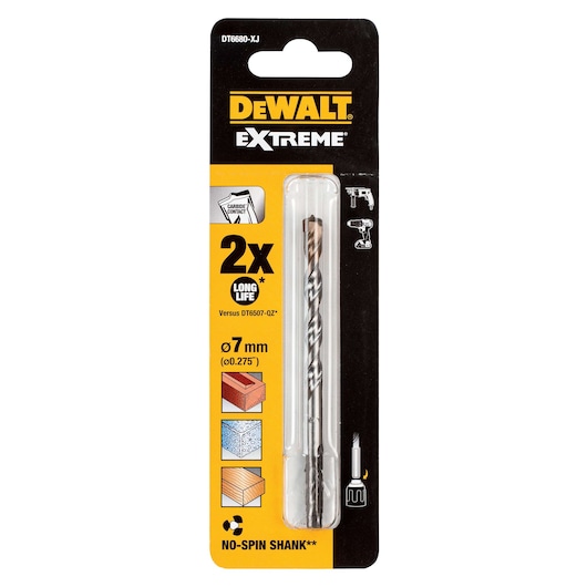DEWALT Extreme 7mm drill bit in retail packaging, suitable for masonry, wood, and other materials.