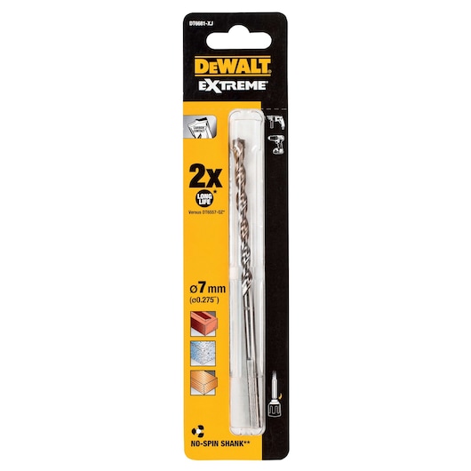 DEWALT DT6681 Extreme drill bit 7mm, in retail packaging for masonry, brick, tile, or wood.