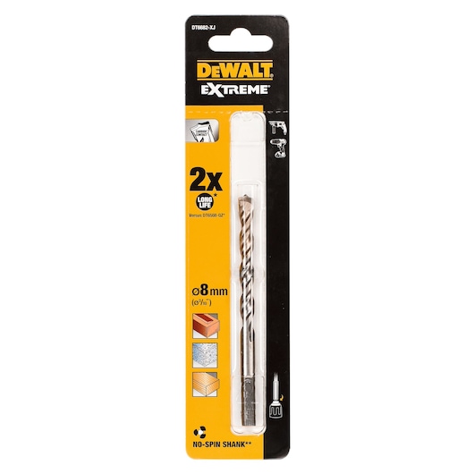 DEWALT Extreme drill bit DT6682, 8mm, in retail packaging for masonry, wood, and concrete.