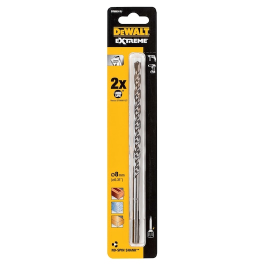DEWALT Extreme drill bit DT6683, 8mm, in retail packaging for wood, masonry, and metal.