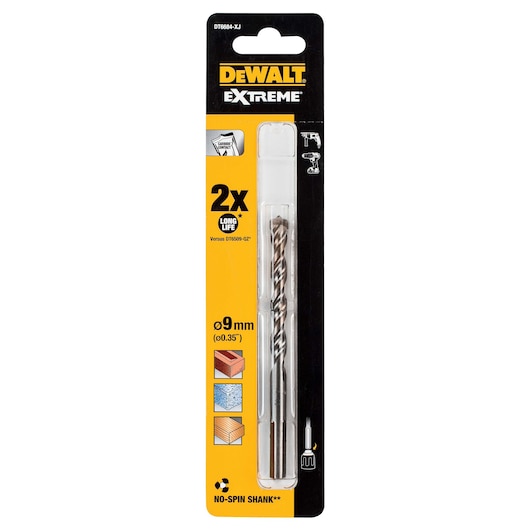 DEWALT Extreme drill bit DT6684, 9mm size, in retail packaging for masonry, concrete, tile, and wood.