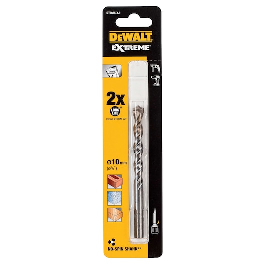 DEWALT Extreme drill bit in blister pack, 10mm size, for masonry, concrete, and wood, with no-spin shank feature.