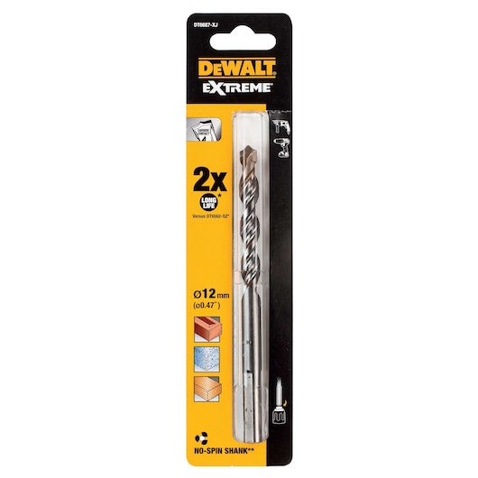 DEWALT Extreme DT6687 drill bit, 12mm, in retail packaging for masonry, concrete, brick, wood. No-spin shank.