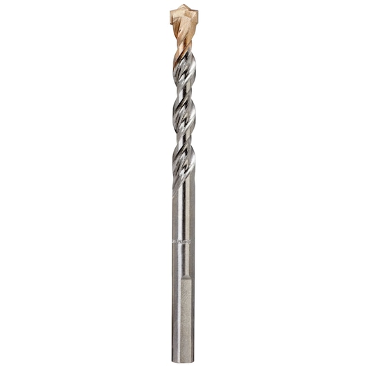 A close-up image of a DEWALT DT6689 masonry drill bit, featuring a twisted steel body and a carbide tip designed for drilling into hard materials such as concrete and stone.