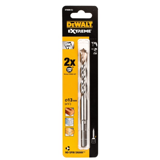 DEWALT Extreme drill bit, 13mm diameter, in retail packaging for wood, metal, masonry. No-spin shank feature.