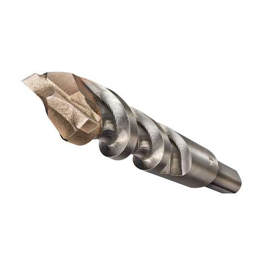 DEWALT DT6690 masonry drill bit, metallic spiral design, close-up on white background.