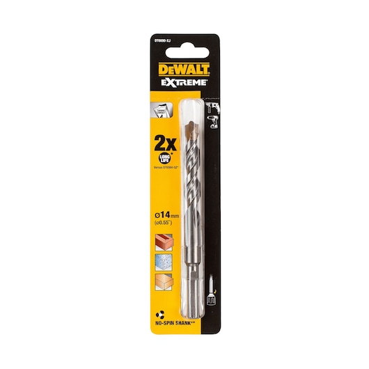 DEWALT Extreme DT6690 drill bit for masonry, Ø14 mm, in retail packaging with product info and icons.