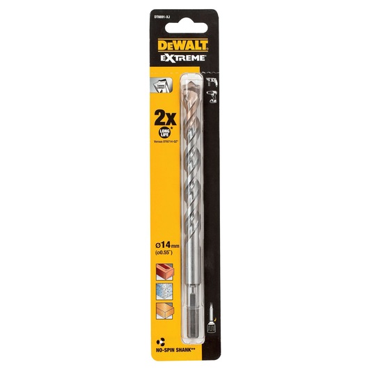 DEWALT DT6691 Extreme drill bit, 14mm diameter, in original packaging, shown for masonry, wood, and metal.
