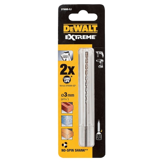 DEWALT Extreme DT6695 3mm drill bit in packaging for masonry, concrete, and wood applications.