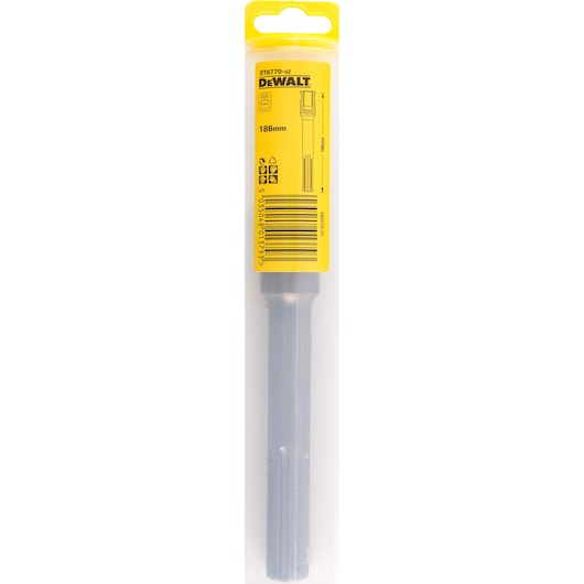 DEWALT DT6770 chisel in transparent packaging with yellow label, 186mm length, product barcode visible.