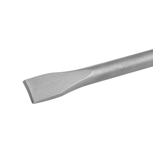 Close-up of a flat, metal DEWALT chisel tool with a beveled edge for cutting or scraping surfaces.