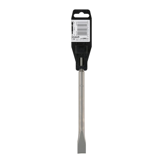 DEWALT flat chisel with black holder, used for demolition or masonry work. Shown vertically on white background.