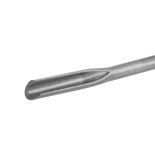Close-up of a DEWALT DT6805 chisel bit with a flat, grooved tip for use with power tools.