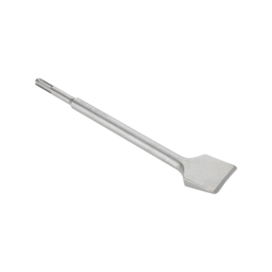Metal SDS chisel with flat blade used for demolition or construction tasks, shown on white background.