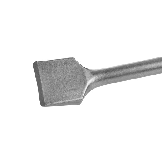 Close-up of a flat metal chisel for demolition, masonry, or construction tasks against a white background.