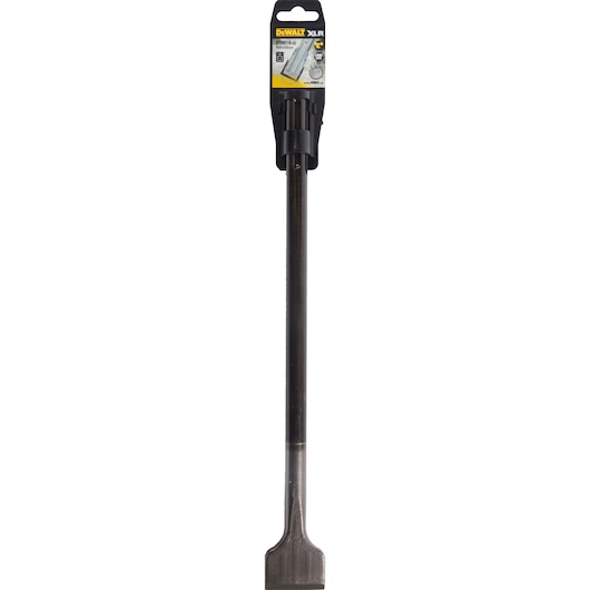 DEWALT DT6818 flat chisel tool for demolition, shown with packaging, long shaft and wide blade.