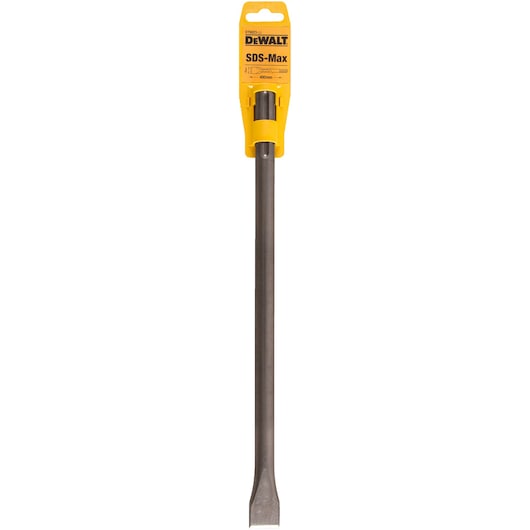 DEWALT SDS-Max chisel, 400mm long, flat tip, shown in packaging, suitable for heavy-duty drilling applications.