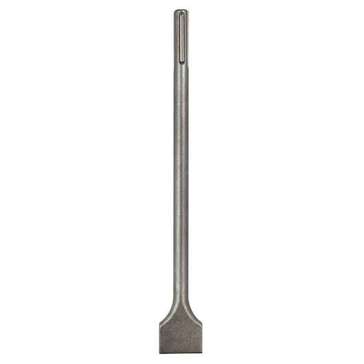 A DEWALT flat chisel bit for demolition hammers, made of metal, shown vertically against a white background.