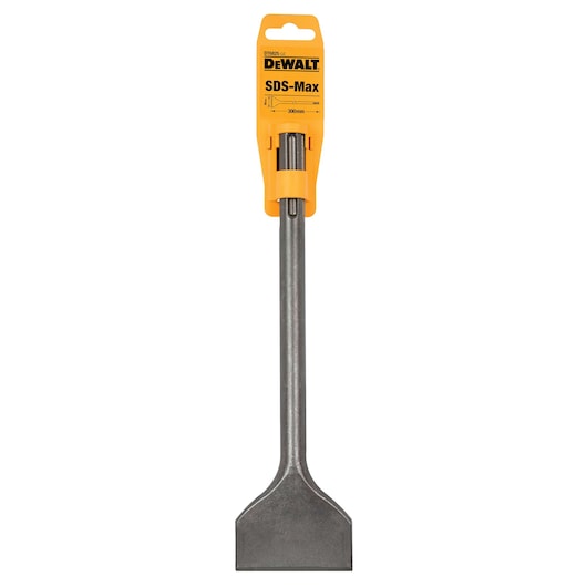 DEWALT SDS-Max flat chisel DT6825, 300mm length, in retail packaging, used for demolition and masonry work.