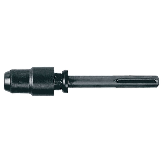 A black metal SDS-plus drill bit adapter photographed on a white background.