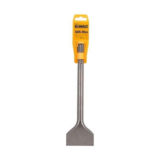 DEWALT SDS-Max wide chisel with yellow packaging, used for heavy-duty demolition and concrete work.