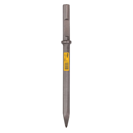 DEWALT DT6927 pointed chisel with hex shank and yellow label, designed for demolition and heavy-duty concrete work.