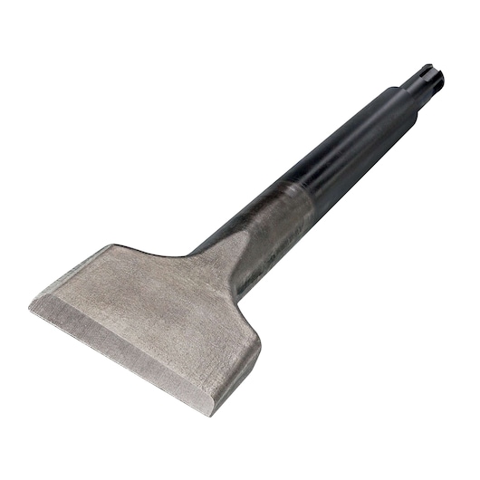 Wide flat steel chisel for demolition or masonry work, with a black cylindrical shank.
