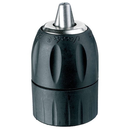 A close-up image of a black keyless drill chuck with a metal tip, designed for use with power drills.
