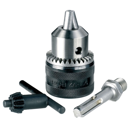 A metal keyed drill chuck set, including a main drill chuck, a chuck key, and an adapter, placed against a white background.