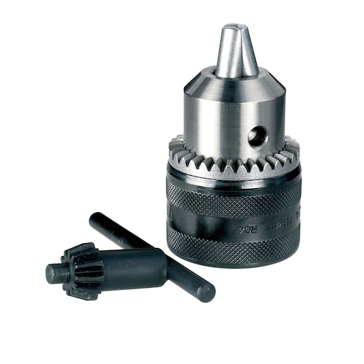 Metal drill chuck with key for DEWALT, shown on a white background.