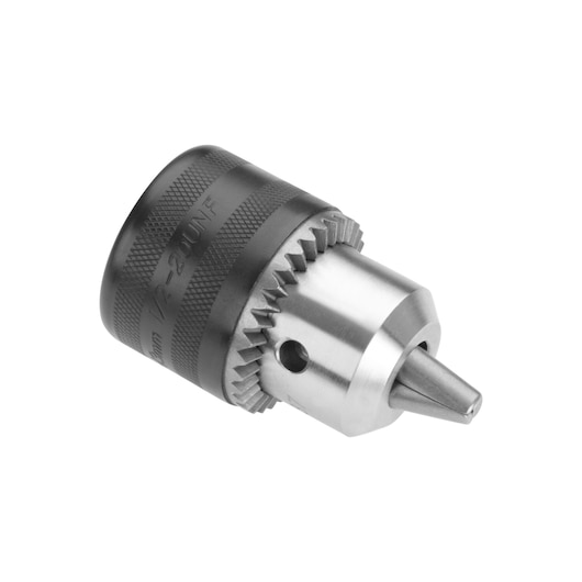 Metal drill chuck for DEWALT power tools, showing textured grip and gear teeth on a white background.