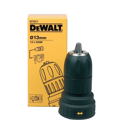 DEWALT DT7017 13mm drill chuck shown with its yellow box packaging.