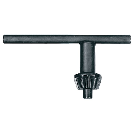 Black metal drill chuck key for tightening or loosening the chuck on a power drill.