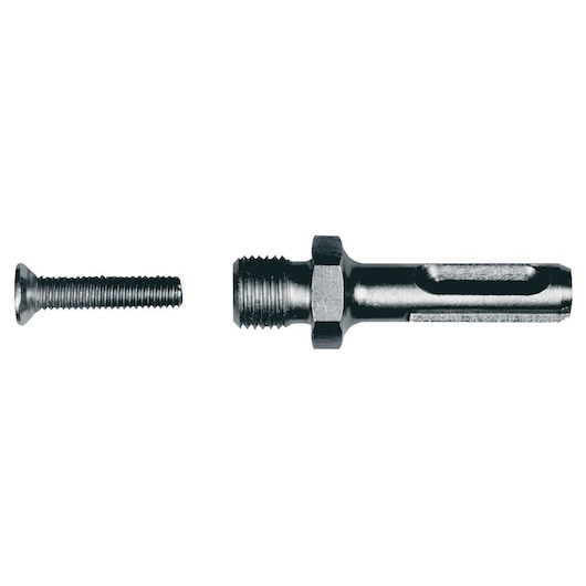 Close-up of a DEWALT DT7030 adapter and metal screw on a white background.