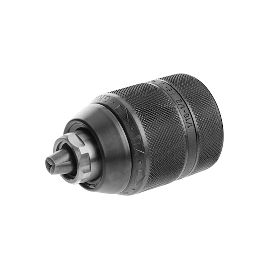 Close-up of a DEWALT DT7043 drill chuck with textured metal grip, photographed on a white background.