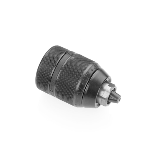 Black DEWALT drill chuck, textured for grip, shown isolated on a white background.