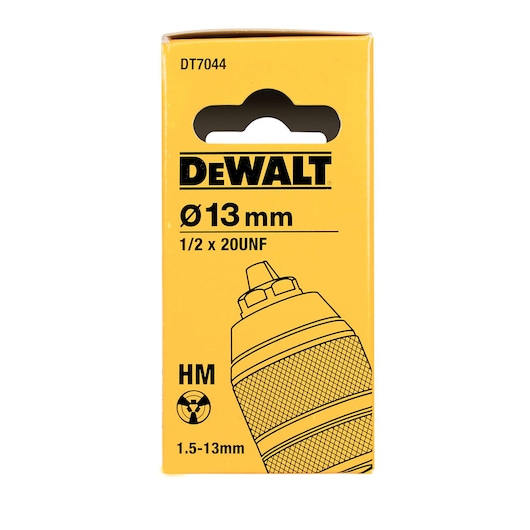 DEWALT DT7044 yellow box for drill chuck, 13mm size, HM, illustration and specs on the front.
