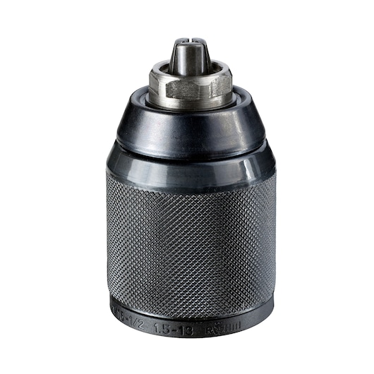 Metal DEWALT drill chuck with textured grip, shown upright on a white background.