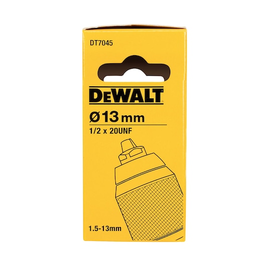 DEWALT DT7045 packaging for 13mm drill chuck, yellow box with product illustration and size details.