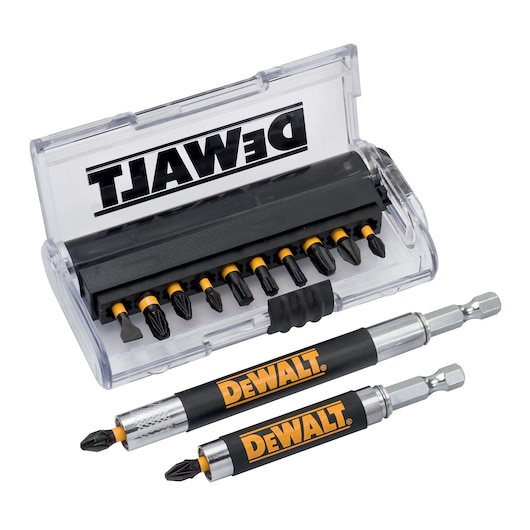 DEWALT bit set in a transparent case with two screwdriver bit holders for power tools.