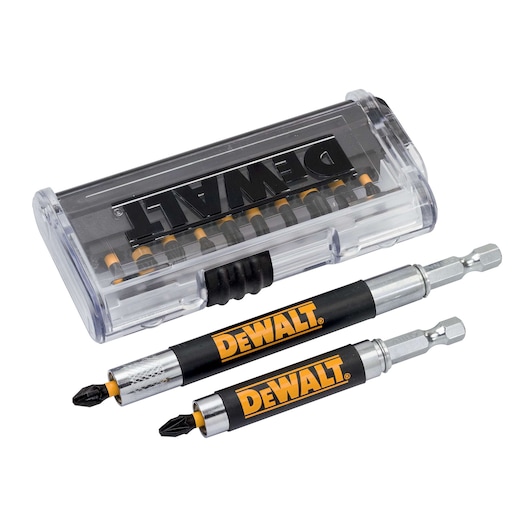 DEWALT screwdriver bit set with clear case and two labeled extension bits for power tools.
