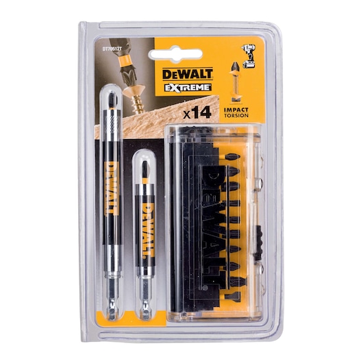 DEWALT Extreme Impact Torsion bit set DT70512T, 14 pieces, packaged in clear plastic.