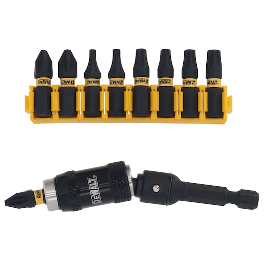 DEWALT screwdriver bit set including eight bits in a yellow holder and a black drill bit holder with a quick-change mechanism.