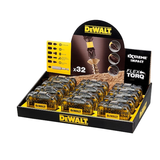 DEWALT FlexTorq Extreme Impact bit set display box with multiple kits, product info shown on packaging.