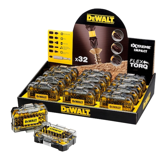 DEWALT DT70523TM FlexTorq screwdriving bit set display, showing several yellow and black bit boxes and packaging.