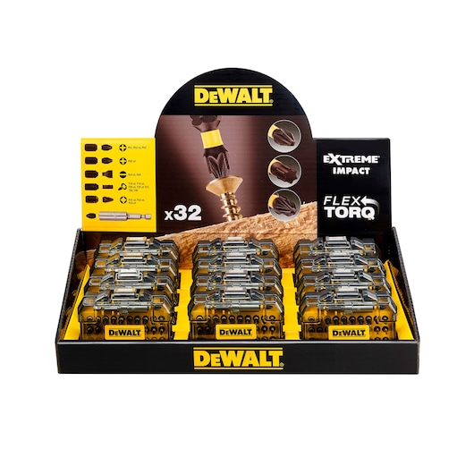 DEWALT Flex Torq 32-piece bit set display box with multiple yellow and black cases.