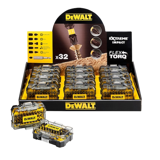 DEWALT Flex Torq 32-piece screwdriver bit set in clear cases, displayed in a retail box.